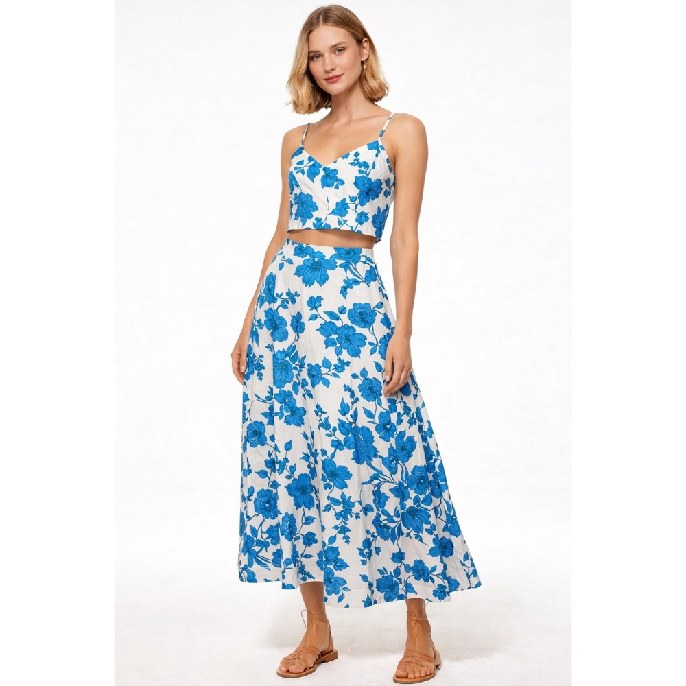 MISA Los Angeles XS Blueβ White Floral Cotton Blend Midi Skirt New